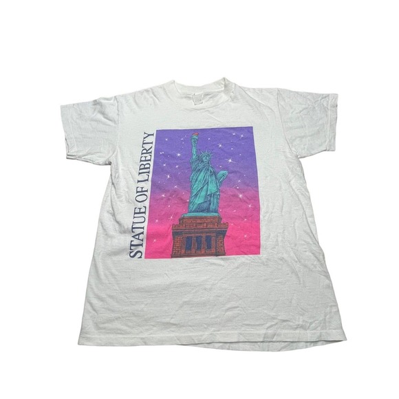 Vtg New York Statue of Liberty Single Stitch T-Shirt Tourist Neon M - Picture 1 of 7